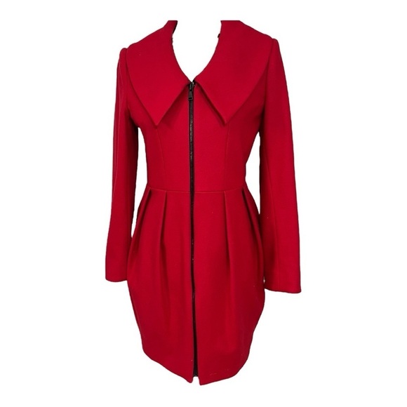 Alice + Olivia Campbell red wool coat medium fit & flare cinched waist peacoat - Picture 2 of 11